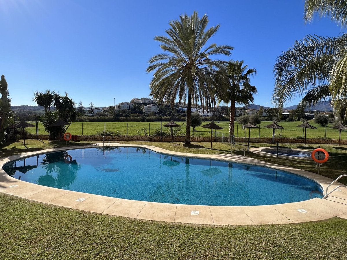A resort swimming pool surrounded by green grass, palm trees, and a scenic view of hills in the background under a clear blue sky.