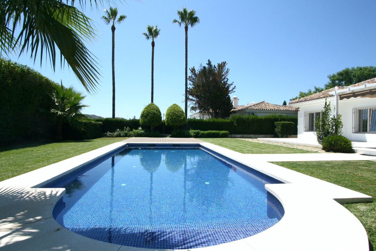 A rectangular swimming pool with blue tiles surrounded by a green lawn and palm trees, with a white house in the background.
