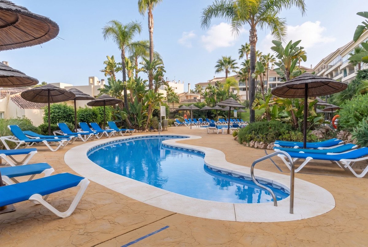 Outdoor swimming pool with blue lounge chairs and thatched umbrellas at a resort
