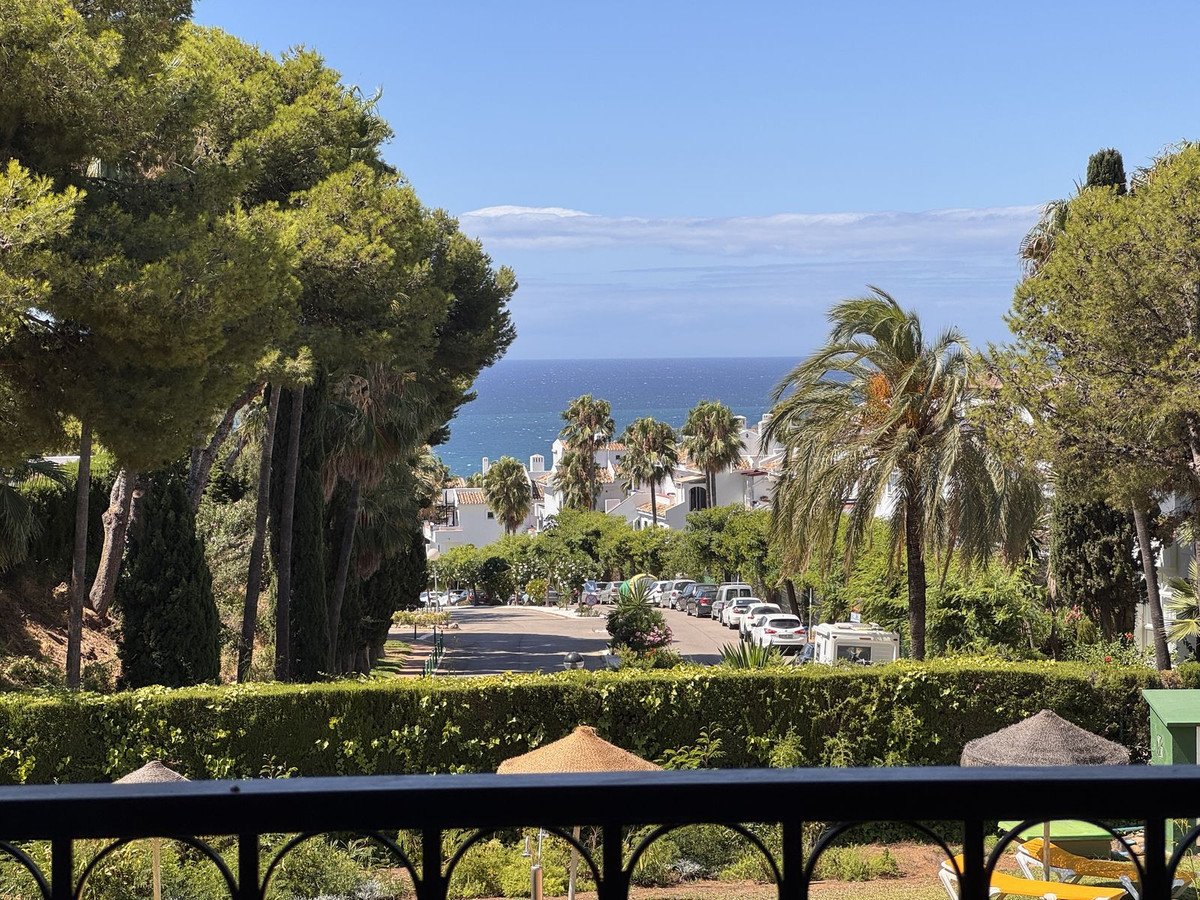 Balcony view of the sea over tropical gardens, palm trees, white buildings, and a street with parked cars.