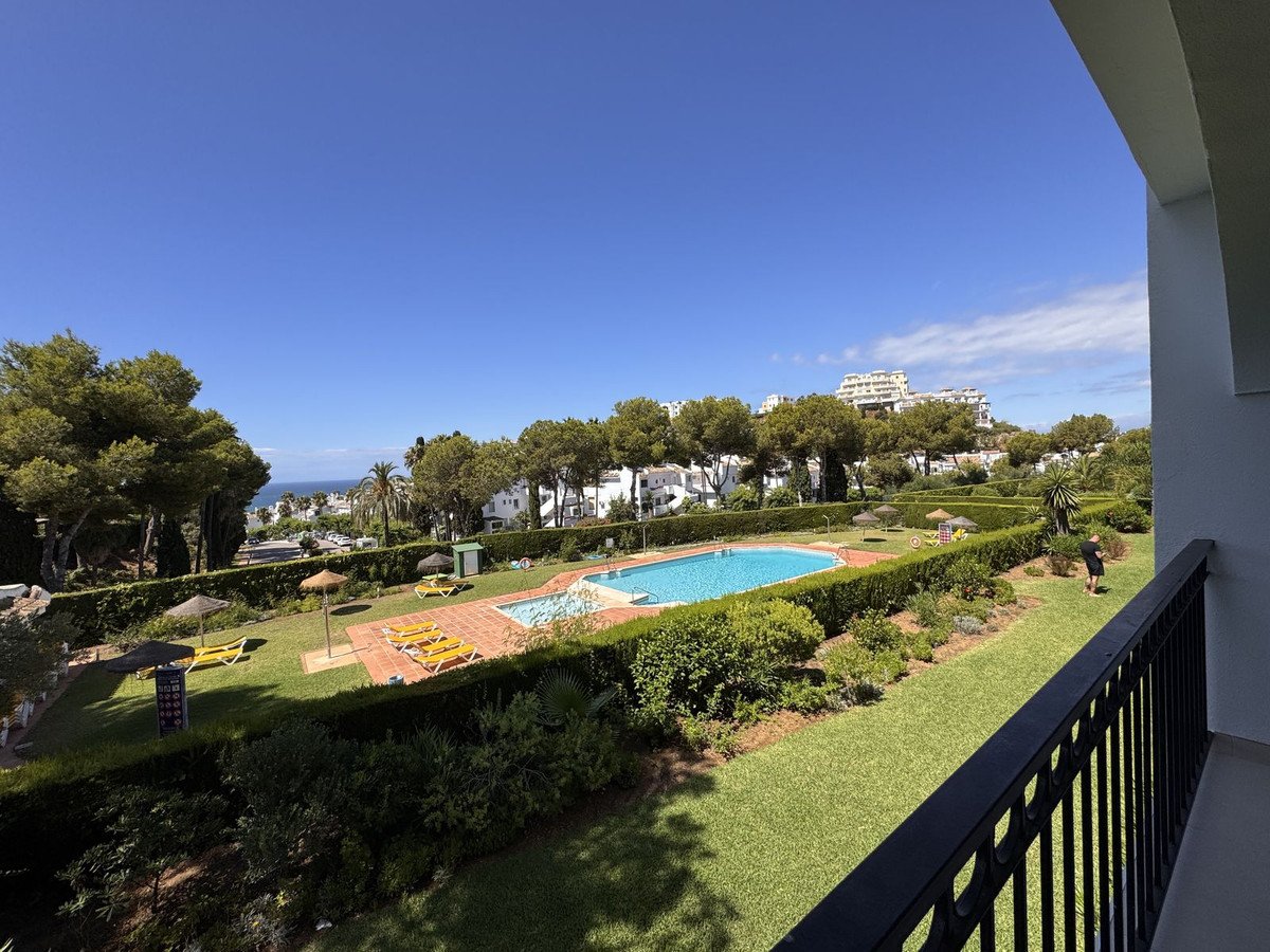 View from balcony of a swimming pool surrounded by green grass, trees, and distant buildings overlooking the sea.