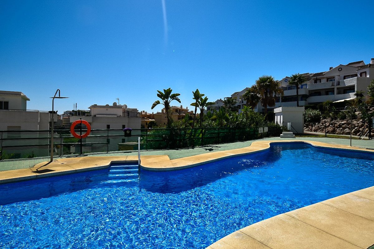 A bright blue swimming pool with steps, surrounded by a paved area and lush greenery, under a clear blue sky.