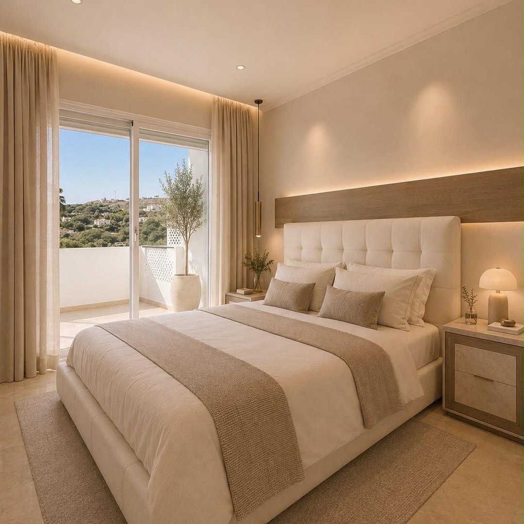 Spacious bedroom with a large bed, balcony access, and a beautiful view of a Mediterranean hillside.