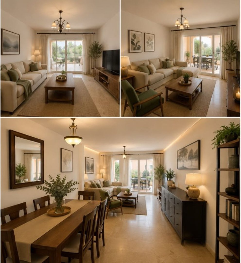 Spacious living and dining area with a sofa, coffee table, dining table, and access to a terrace with outdoor seating.