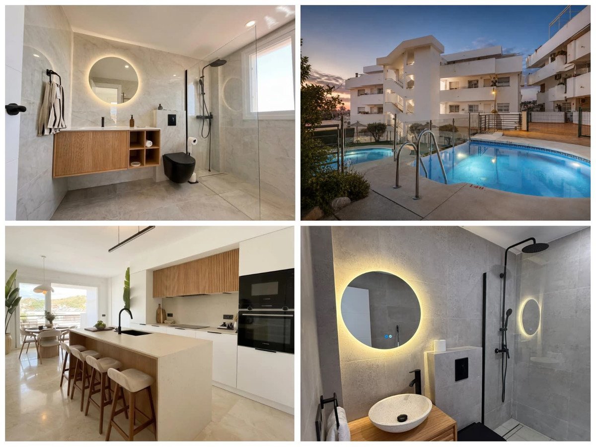 Modern kitchen with island, luxurious bathroom, and swimming pool exterior at dusk.