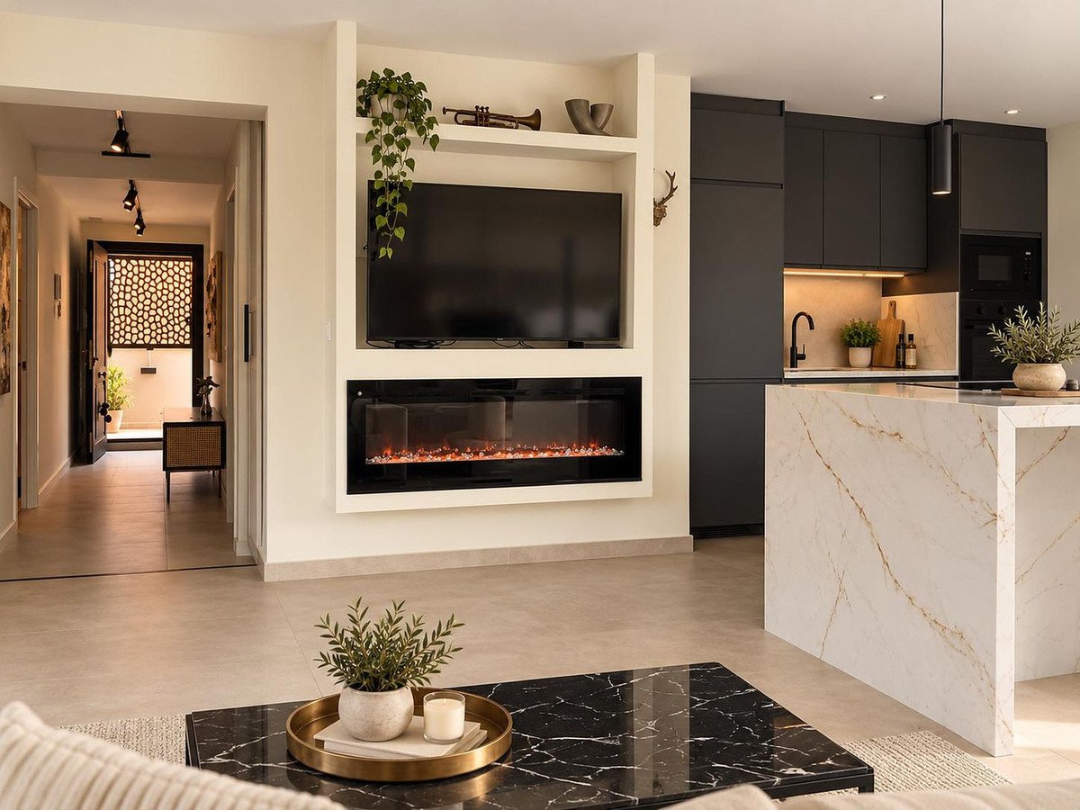 Modern living area with a fireplace, TV, and a sleek kitchenette with a marble island.