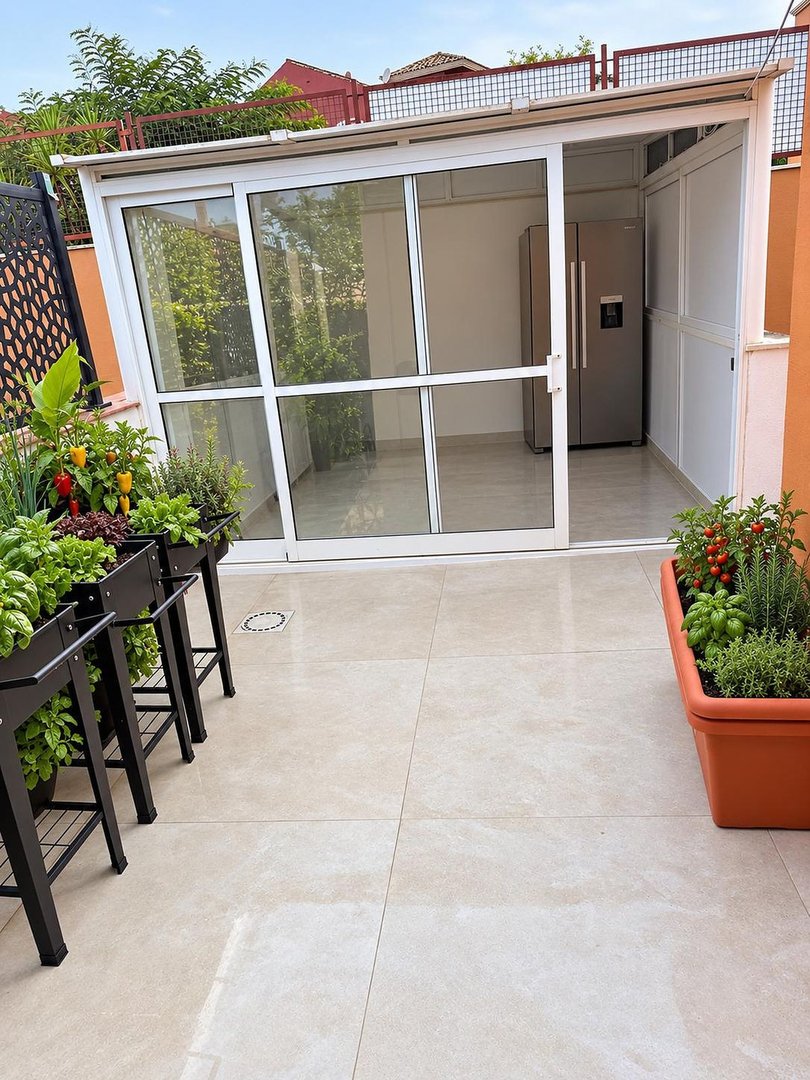Modern patio area with a compact kitchenette featuring a refrigerator, surrounded by potted herbs and plants, leading to an outdoor space.