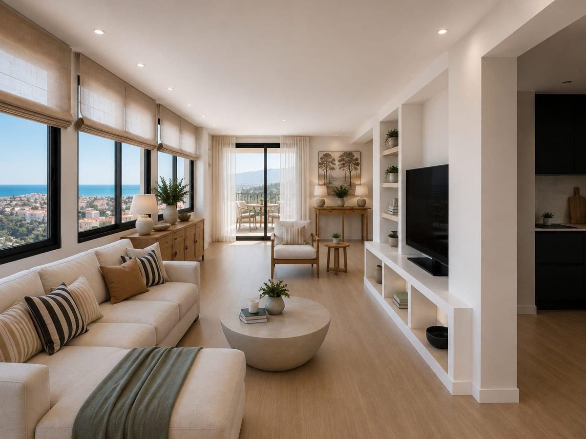 Modern living room with sectional sofa, sea view through large windows, and balcony access.