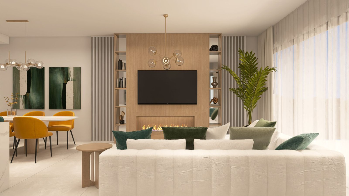 Moderne woon- en eetkamer met open haard en tv