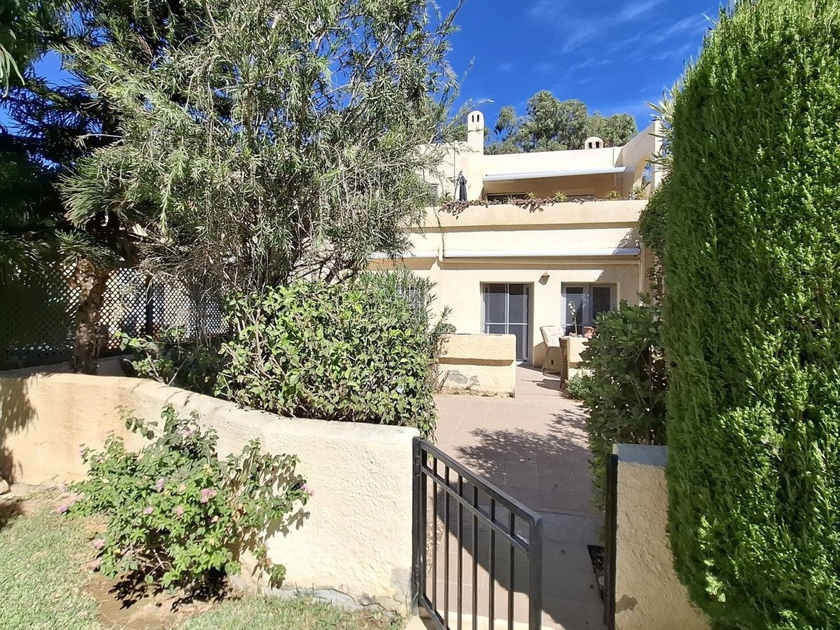 A sunny terrace with a building facade, surrounded by lush green trees and shrubs, offering a peaceful outdoor space.