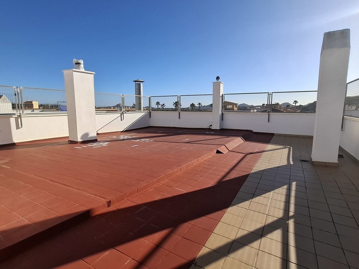 Spacious tiled terrace with chimneys and metal railing, offering a distant view of houses and palm trees under a clear blue sky.