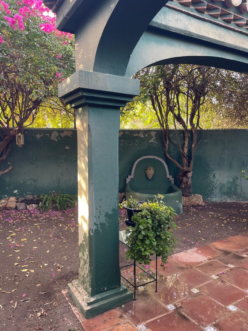 Outdoor courtyard with a fountain, potted plants, blooming trees, and terracotta tile flooring.