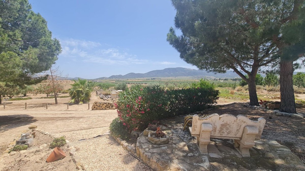 Outdoor patio with stone bench, trees, and mountain view