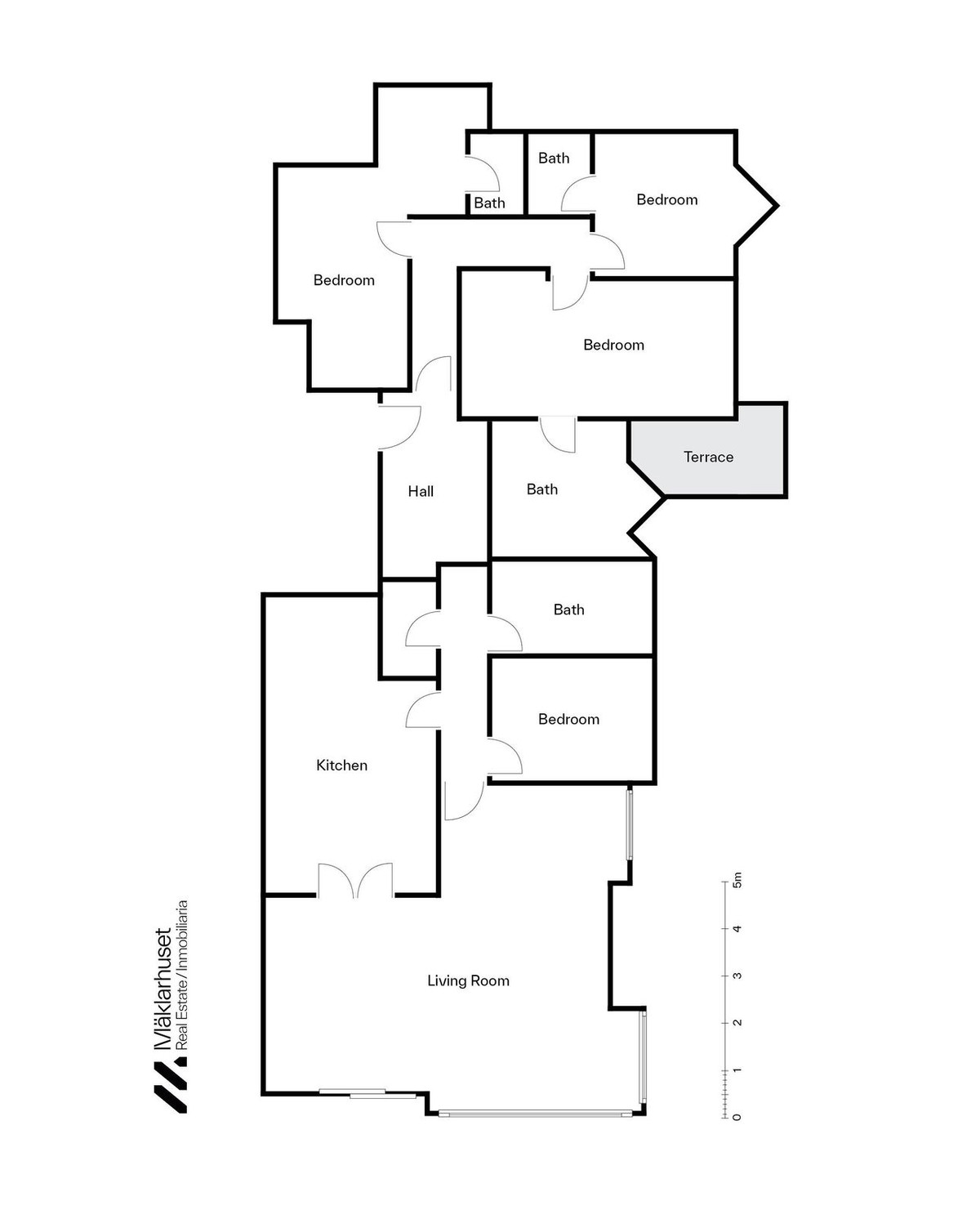 Plattegrond van een huis met vijf slaapkamers, meerdere badkamers en een terras.