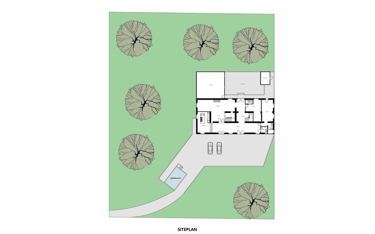 Plattegrond van de locatie met huis, tuin, zwembad en parkeerplaatsen.