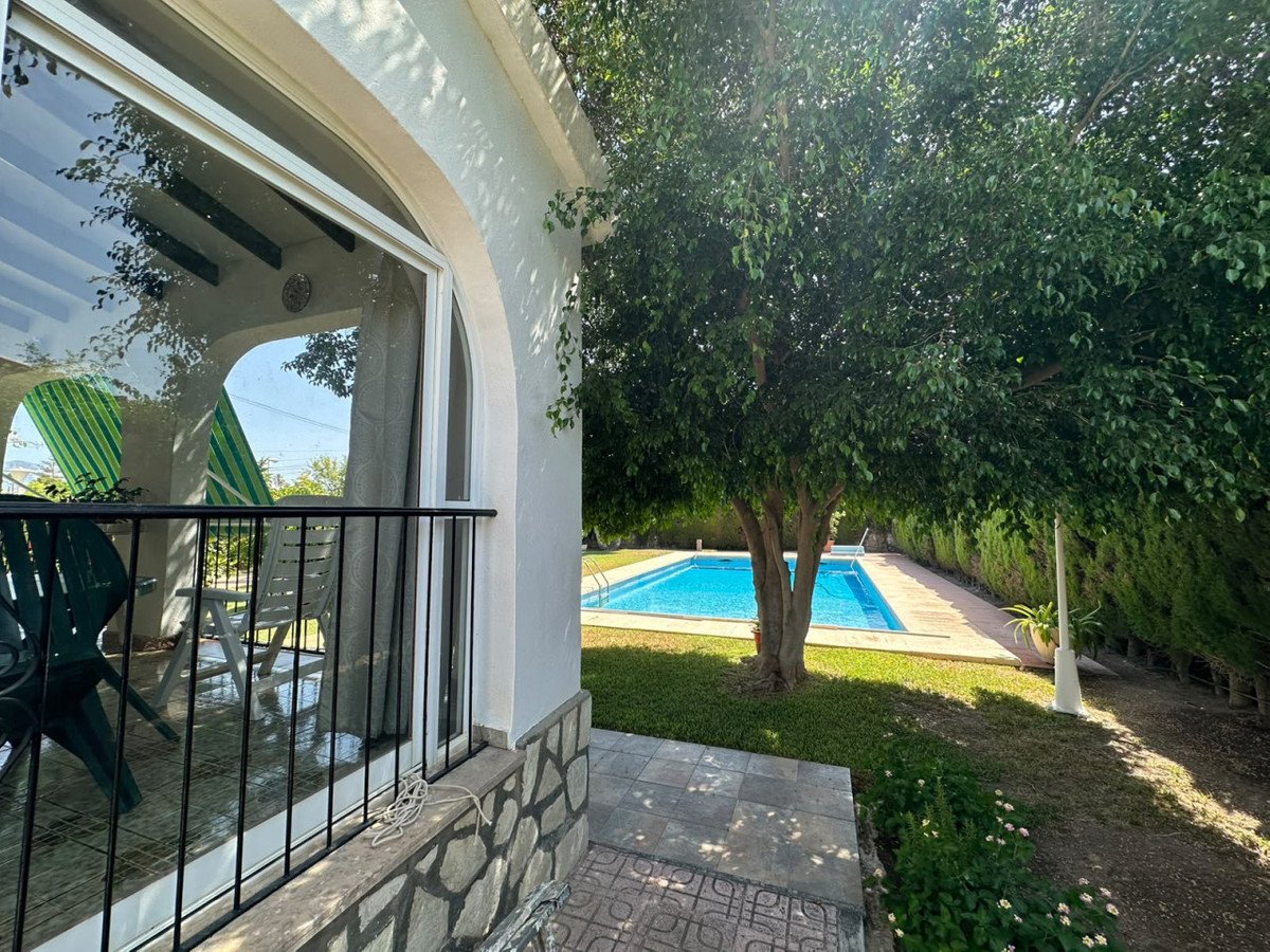 View of a swimming pool and patio area with lush green trees and manicured hedges on a sunny day.