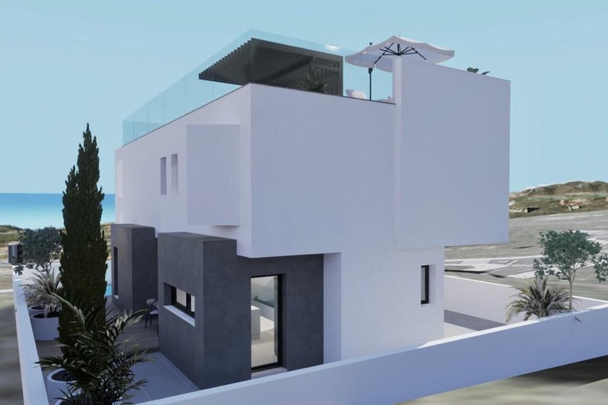 Modern villa with rooftop terrace, sea view, and outdoor seating area. Features glass railings and a white umbrella.