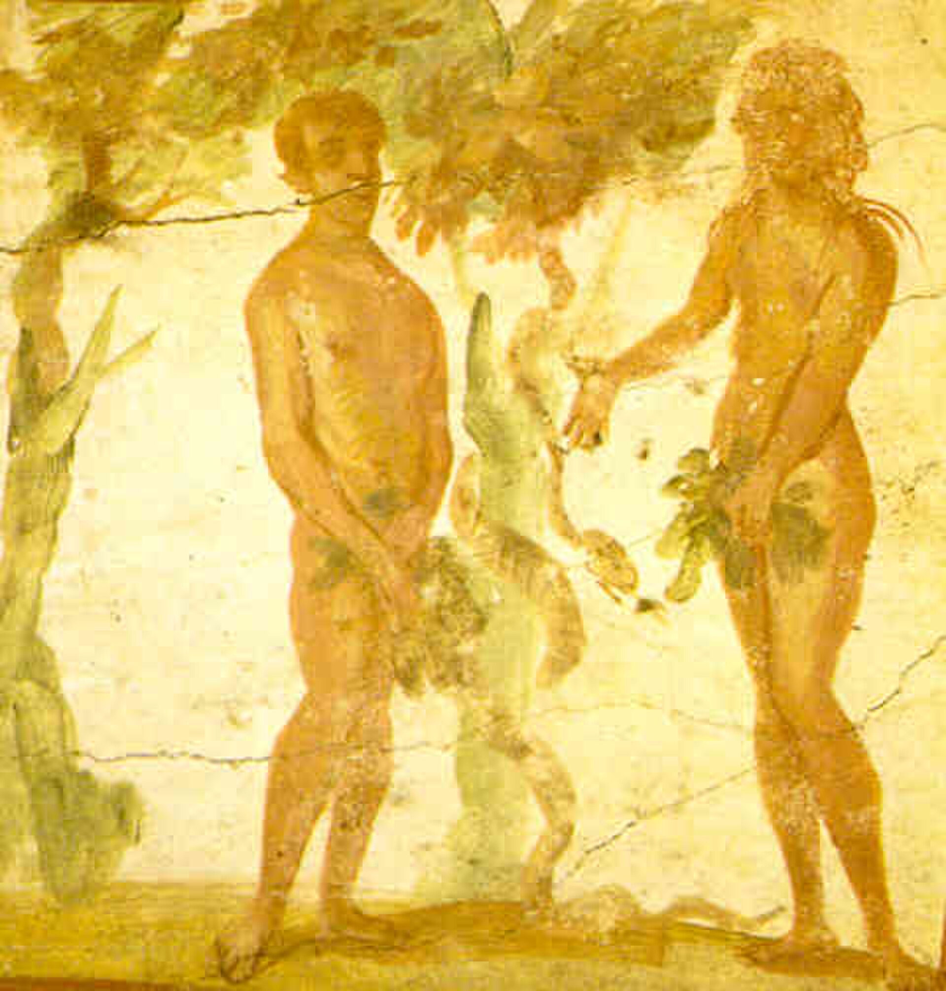 Ancient fresco depicting two figures in a natural setting with trees and foliage.