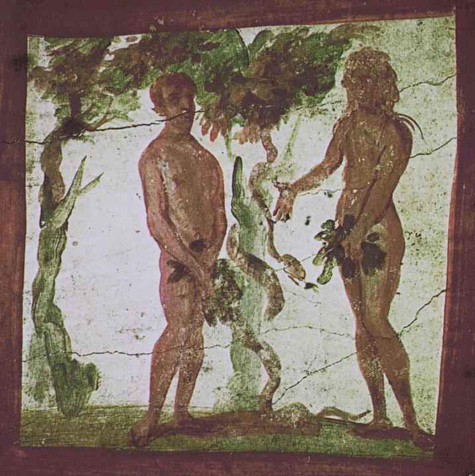 Ancient fresco depicting two figures in a natural setting with trees and foliage.