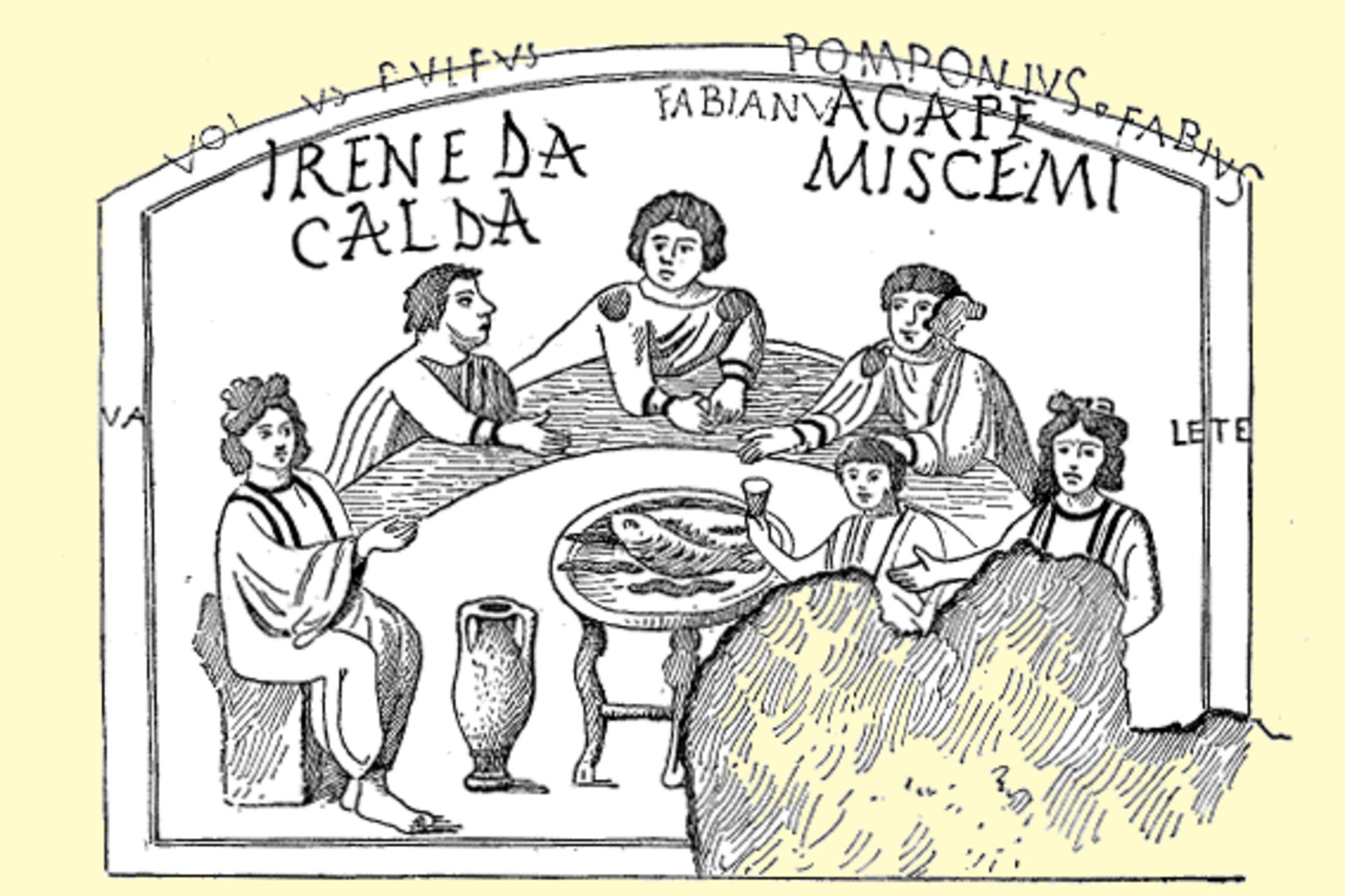 Ancient fresco depicting a group of people around a table with a large fish.