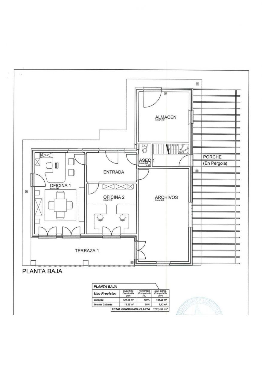 Grondplan met kantoren, terras en begane grond