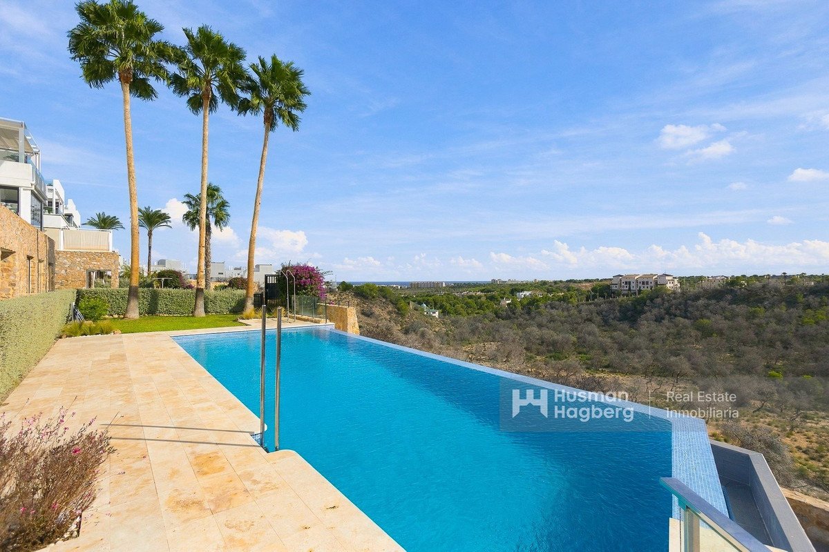 Infinity pool with palm trees and panoramic landscape view