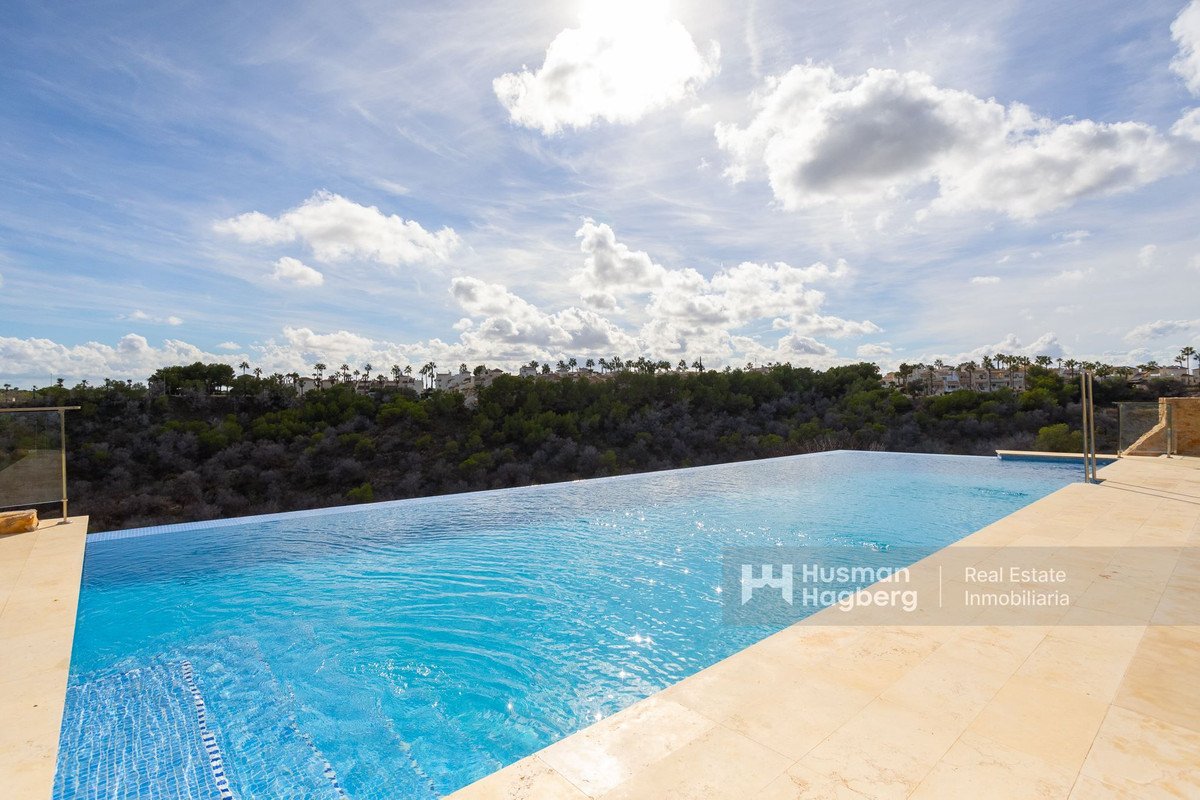 Infinity pool with sunny sky and panoramic view of trees and distant buildings