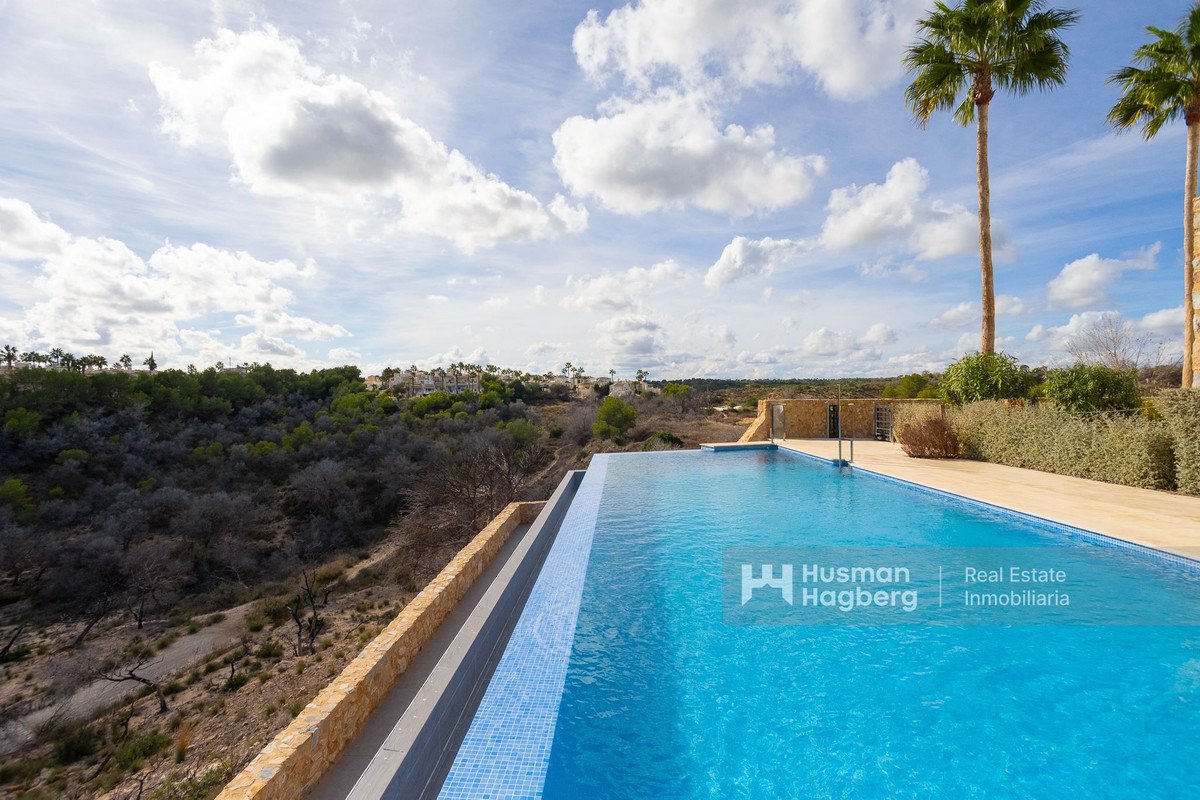 Infinity pool with panoramic view of landscape and palm trees