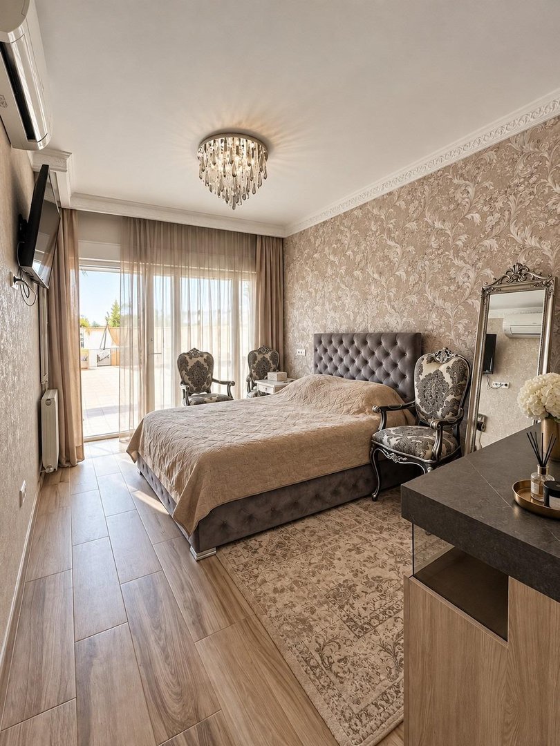 A well-decorated bedroom with a large bed, elegant chairs, a chandelier, and access to a terrace with outdoor seating.