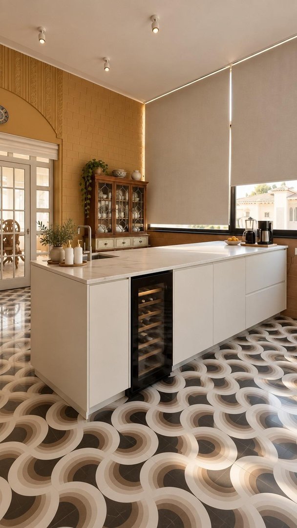 Modern kitchen island with a wine cooler, sleek white cabinets, and a unique patterned floor.