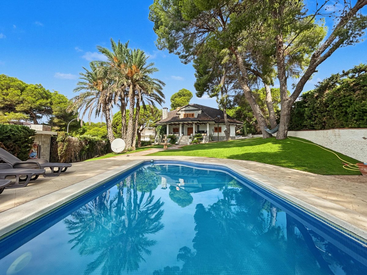 Exterior view of a villa with a swimming pool, lounge chairs, lush garden, palm trees, and a hammock on a sunny day.
