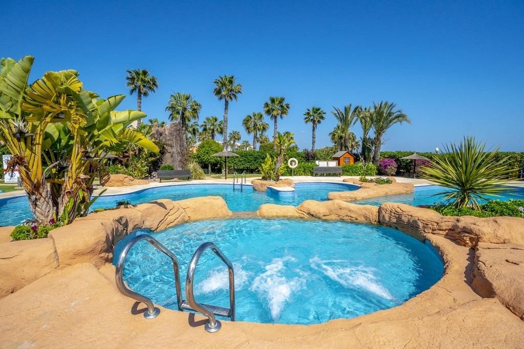 A view of a resort-style swimming pool and jacuzzi area with palm trees and lush tropical plants under a clear blue sky.