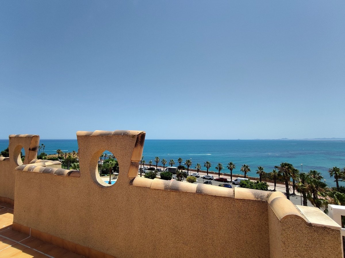 A sunny day with a wide blue sea view from a balcony featuring unique decorative walls and palm trees.