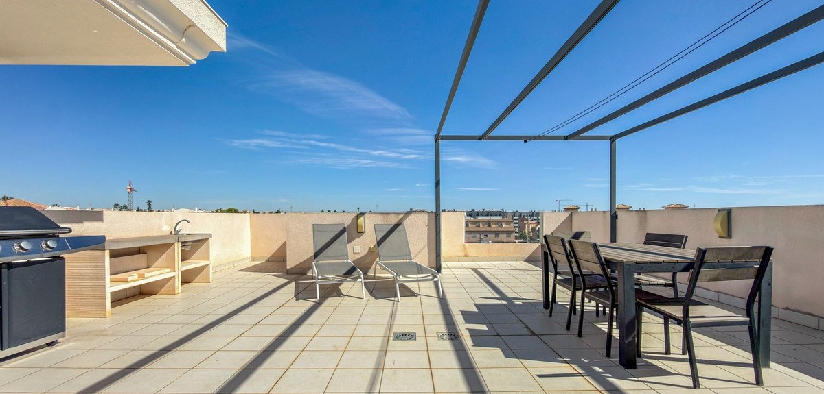 Rooftop terrace with outdoor dining, lounge chairs, and barbecue grill