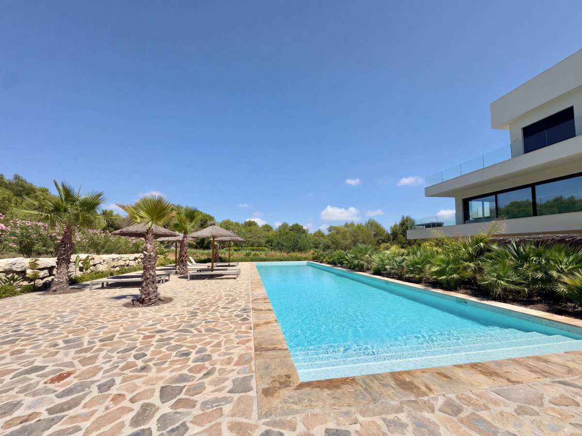 A modern villa with a long swimming pool, surrounded by palm trees, sun loungers, and lush greenery under a clear blue sky.