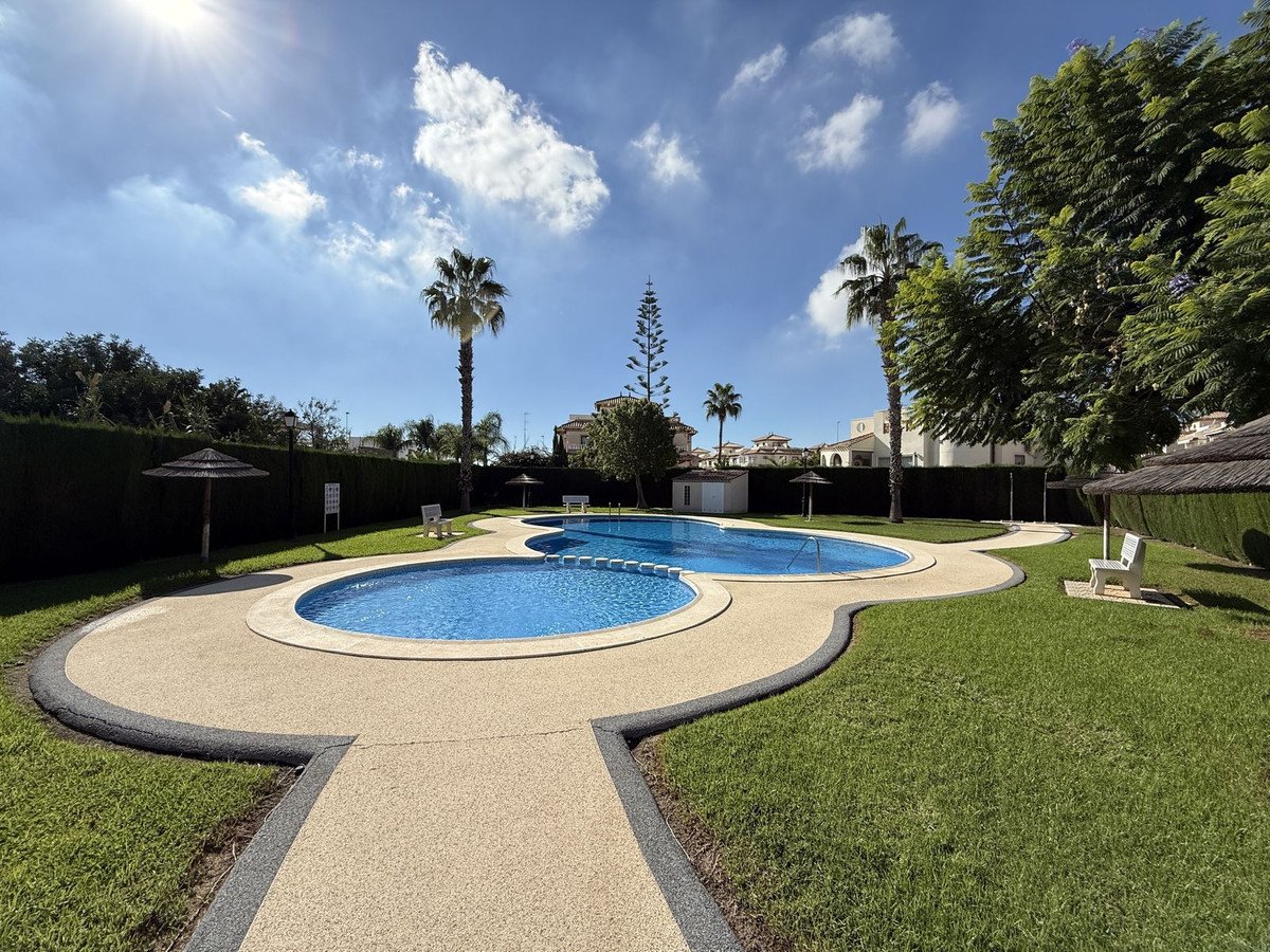A communal swimming pool area with palm trees, sun loungers, and manicured lawns under a clear blue sky with scattered clouds.