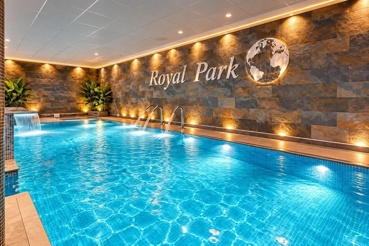 Indoor swimming pool with blue water, stone wall, and 'Royal Park' signage