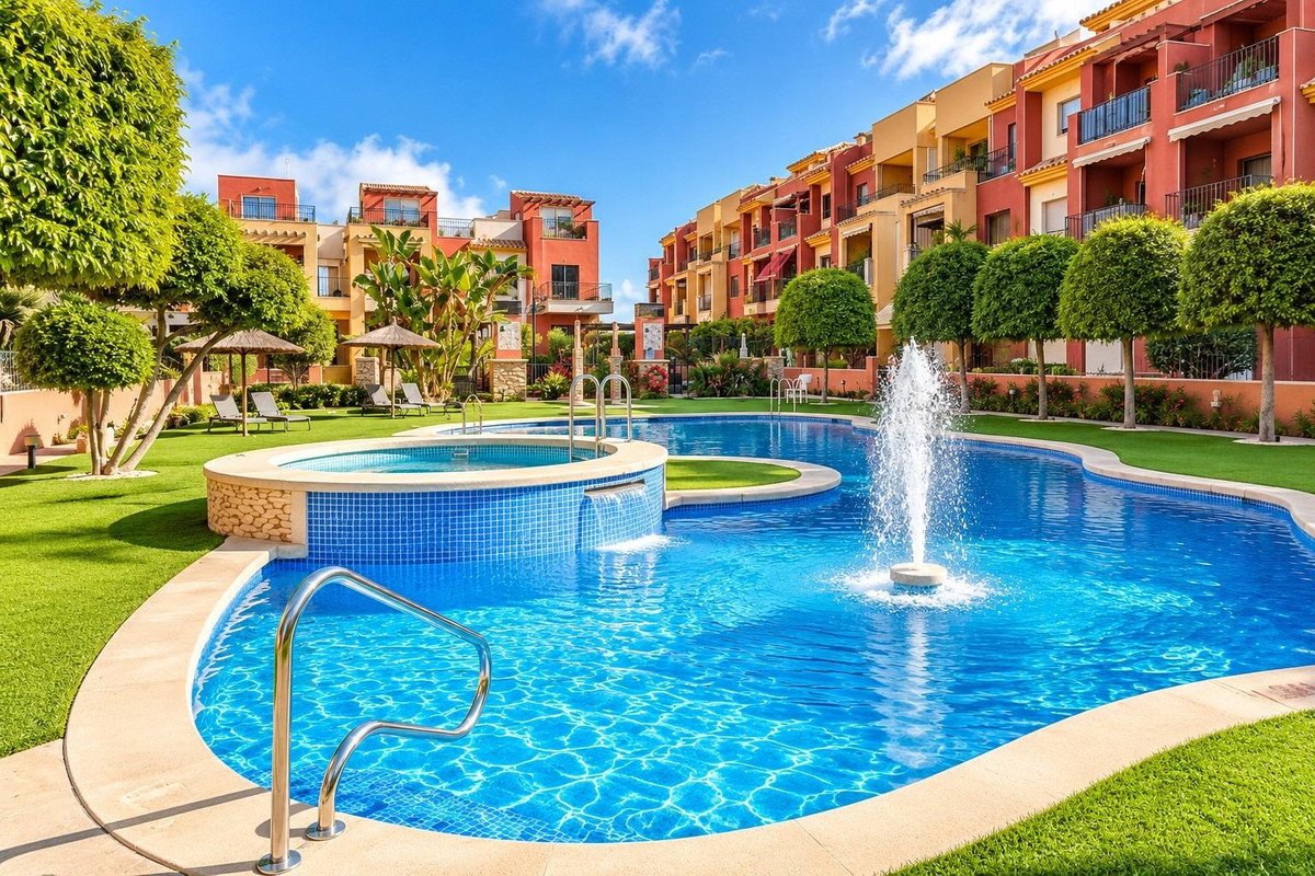 Resort swimming pool with fountain, surrounded by colorful apartments and green lawns