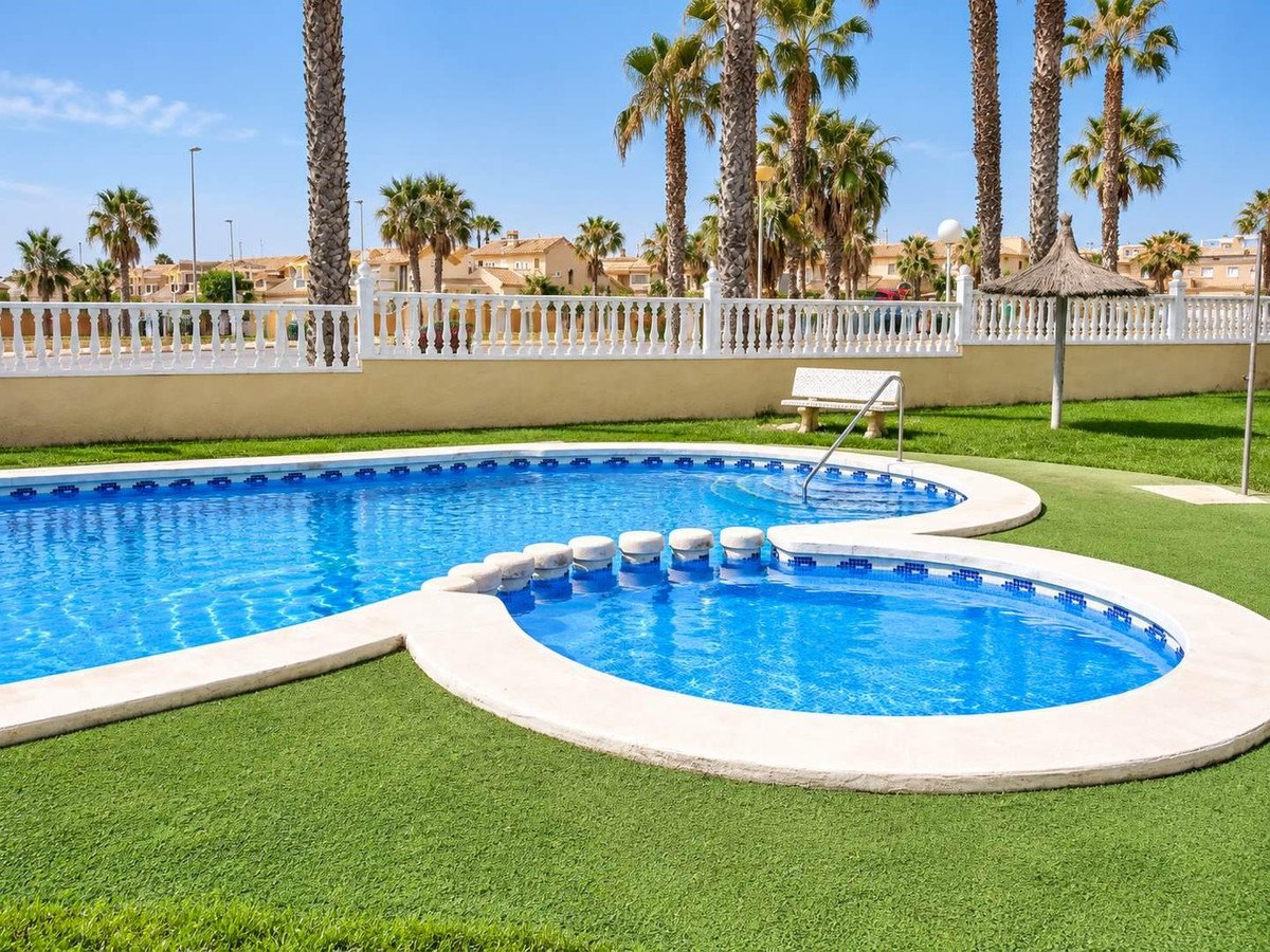 Swimming pool with palm trees and a bench in a sunny outdoor area