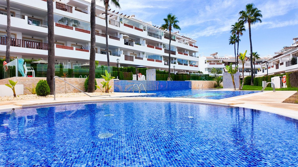 Apartment complex with swimming pool and palm trees in sunny weather