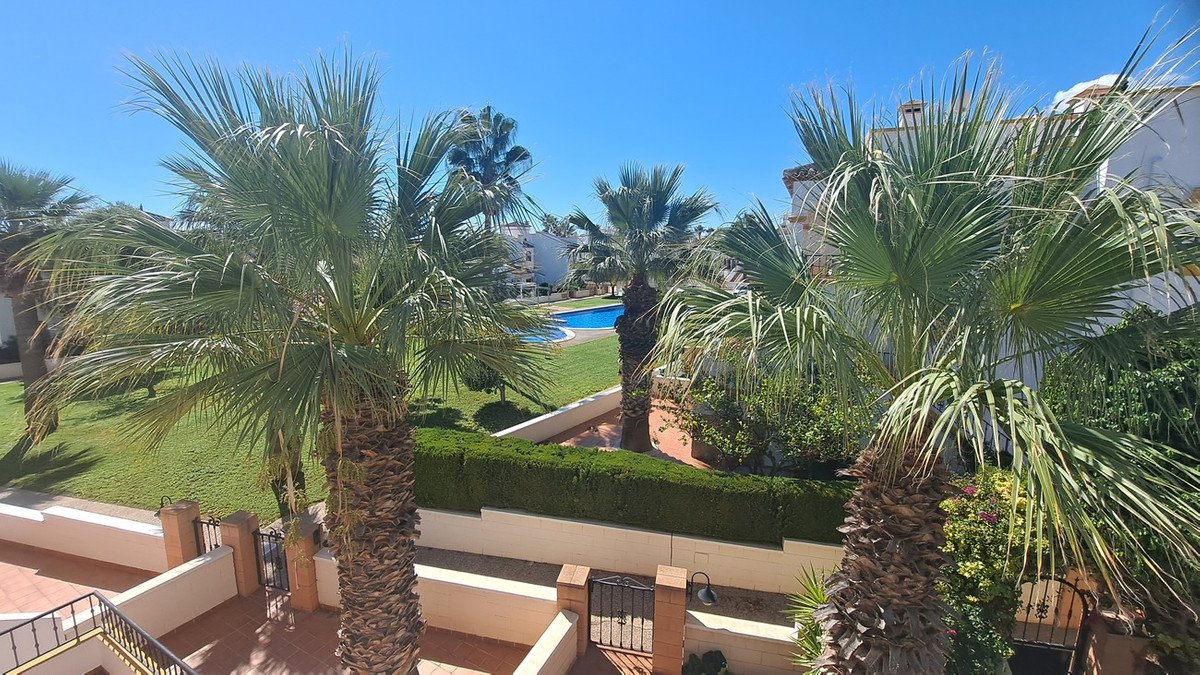 View from a terrace overlooking a swimming pool and garden, surrounded by palm trees under a clear blue sky.