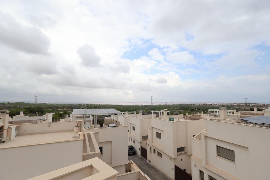 A view from a rooftop showing modern houses, a distant horizon with trees, and a cloudy sky.