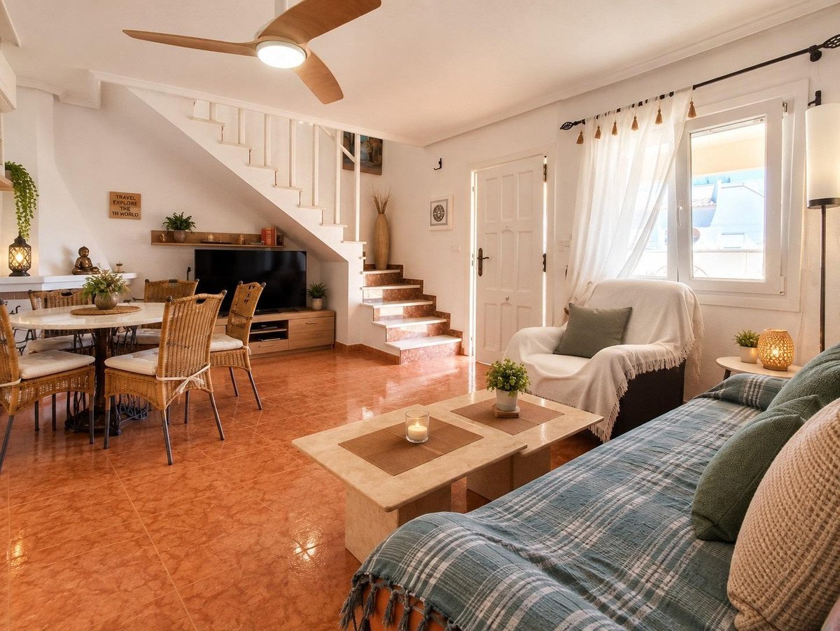 Cozy living and dining area with a staircase, comfortable seating, and a dining table with chairs.