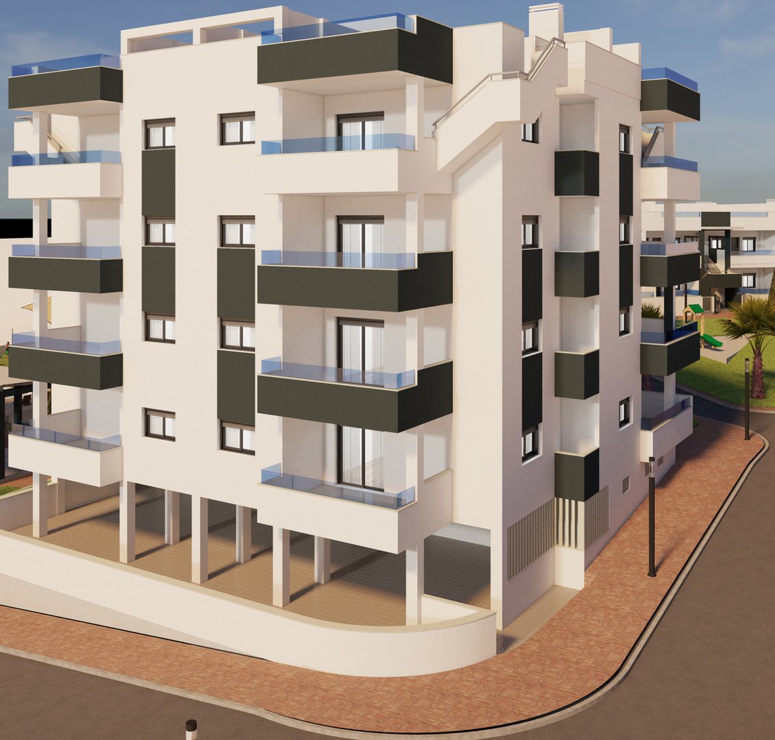 Modern multi-story apartment building with balconies and outdoor spaces