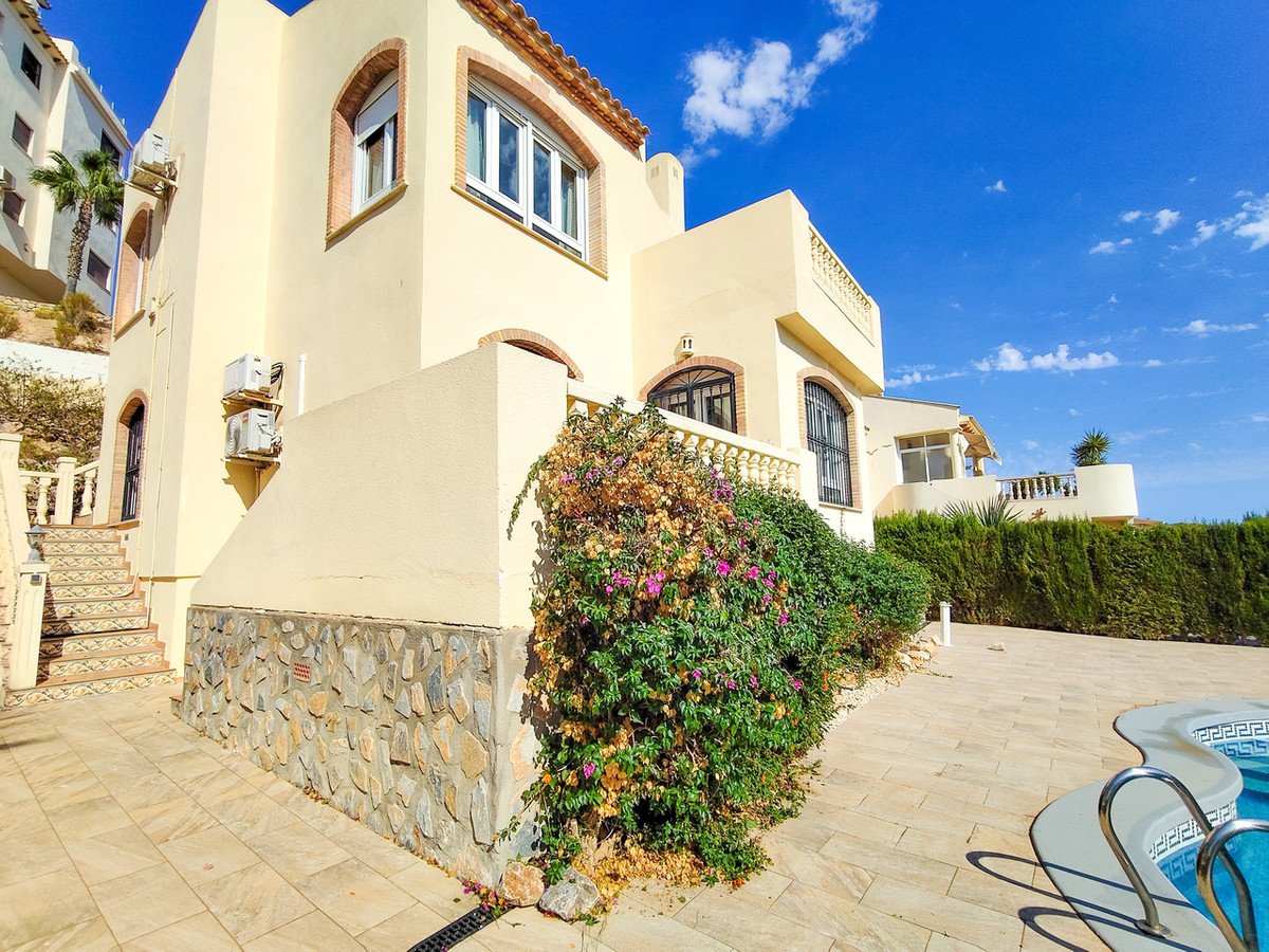 A villa exterior with a swimming pool, lush greenery, and a balcony under a clear blue sky.
