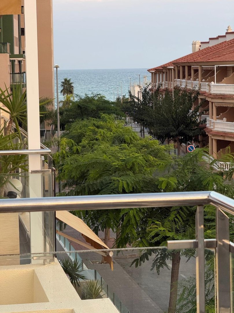 View from balcony of apartment building with sea and trees in the foreground.