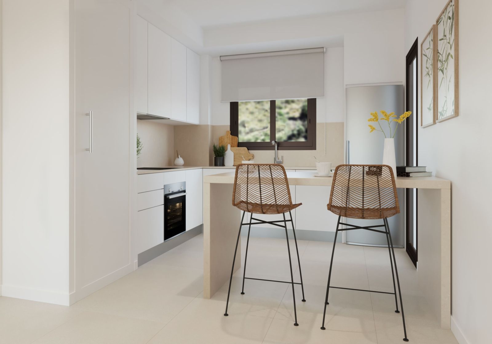 Moderne keuken met eiland, barkrukken en witte kasten