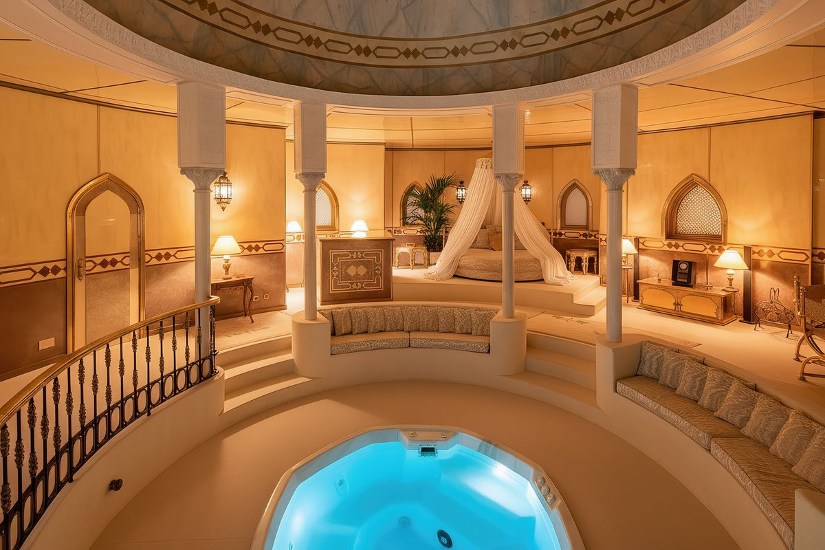 Luxe indoorspa en slaapkamer met hemelbed en bubbelbad.