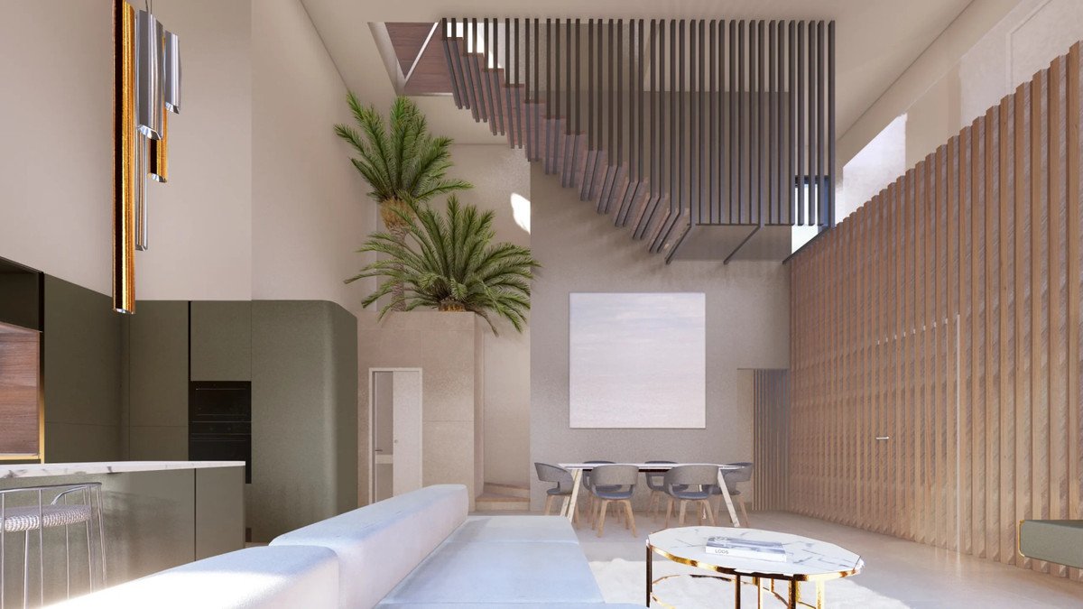 Modern open-plan living space with high ceilings, wooden slat walls, a spiral staircase, and indoor palm trees.
