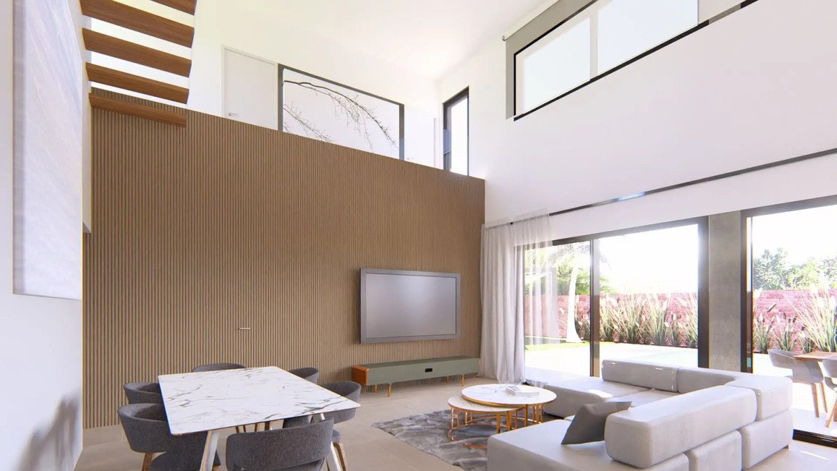 Modern living room with high ceilings, large windows, wooden accent wall, and outdoor view.